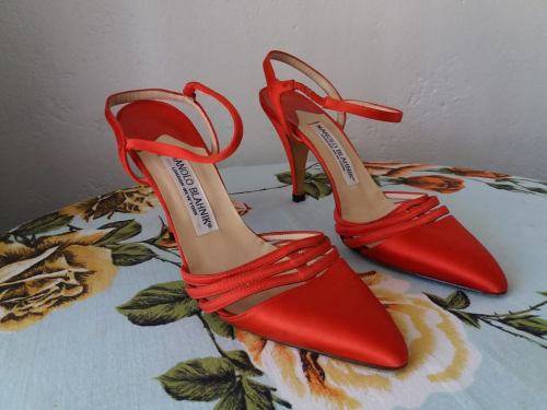 GENUINE red satin Manolo Blahnik slingbacks