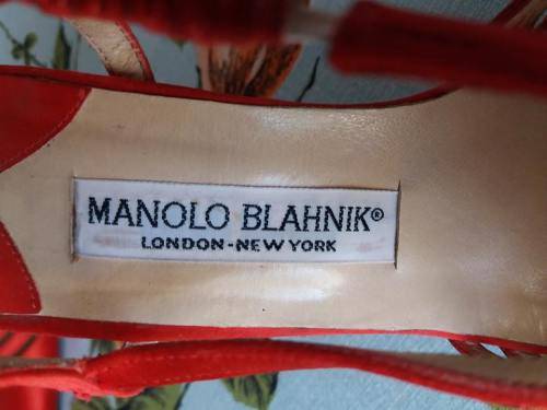 GENUINE red satin Manolo Blahnik slingbacks
