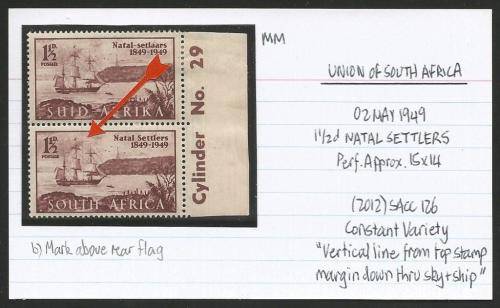 UNION OF SA 1 1/2d SETTLERS MM WITH CONSTANT VARIETY ON CARD.  SEE DESCRIPTION
