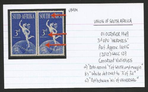 UNION OF SA 3d UPU PAIR UMM WITH 3 CONSTANT VARIETIES ON CARD.  SEE DESCRIPTION