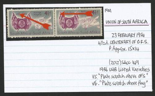 UNION OF SA 4 1/2d OFS CENTENARY MM WITH 2 LISTED VARIETIES V5 and V6 ON CARD.  SEE DESCRIPTION
