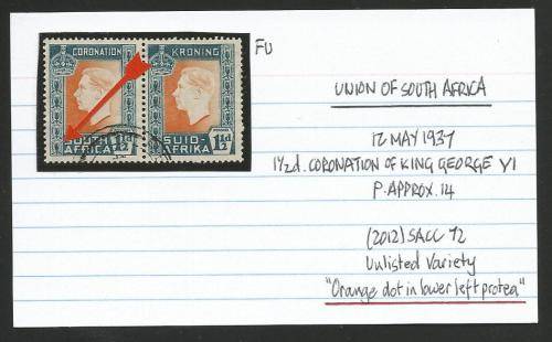 UNION OF SA 1 1/2d CORONATION PAIR FU ON CARD WITH UNLISTED VARIETY.  SEE DESCRIPTION