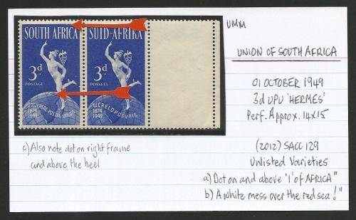 UNION OF SA 3d UPU MARGINAL PAIR UMM ON CARD WITH 2 VARIETIES.  SEE DESCRIPTION
