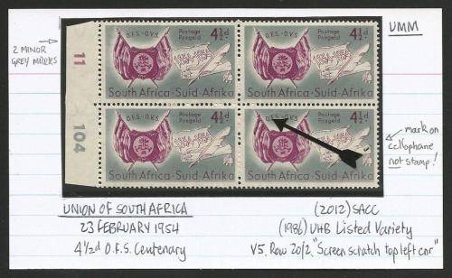 UNION OF SA 4 1/2d OFS CENT. UMM CONTROL BLOCK WITH LISTED VARIETY.  SEE DESCRIPTION