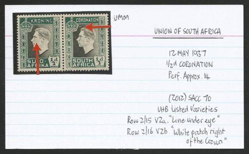 UNION OF SA 1/2d CORONATION UMM WITH 2 LISTED VARIETIES ON CARD.  SEE DESCRIPTION