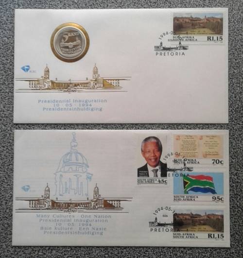 STUNNING 1994 PRES. MANDELA INAUGURATION FDC`S WITH PROOF R5 COIN. SEE DESCRIPTION. HIGH CV !!!