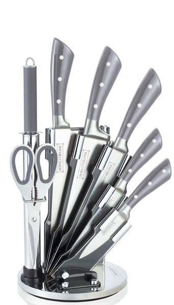 Royalty Line 8-Piece Stainless Steel Knife Set with Rotating Stand - Grey, RL-KSS812