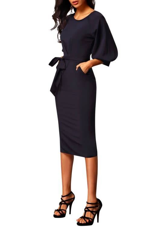 Black Puff Sleeve Belt Chiffon Pencil Dress - M