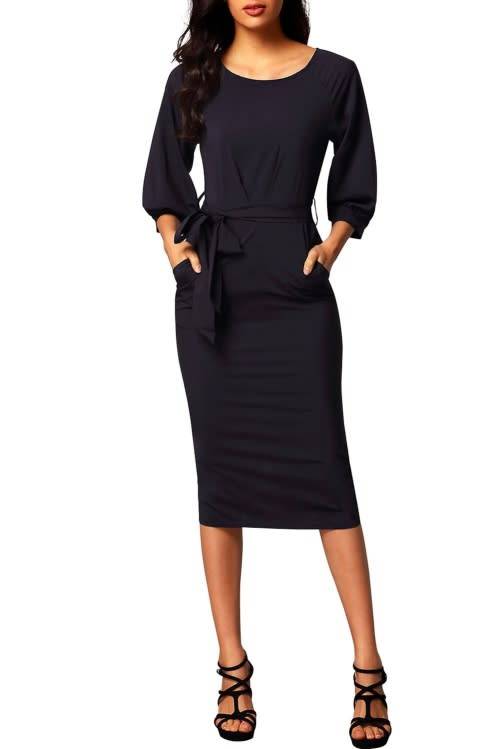Black Puff Sleeve Belt Chiffon Pencil Dress - M