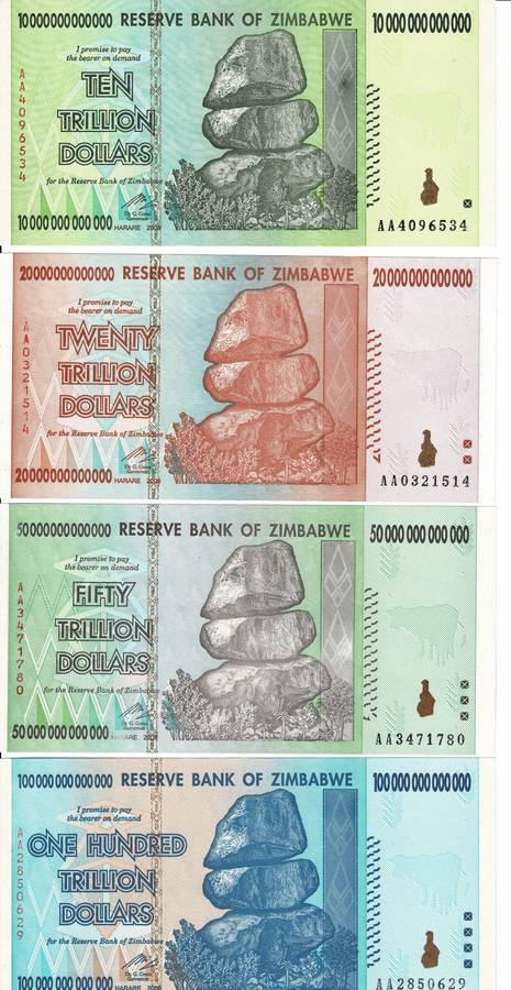 Crazy Low Start! Zimbabwe Trillion Dollar Note Set Uncirculated.