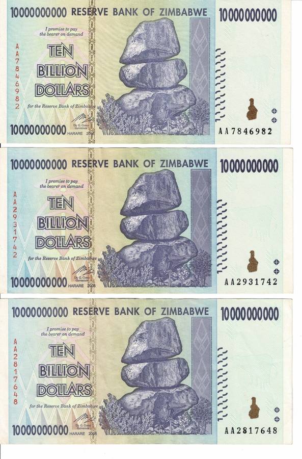 Crazy R1 Start! 6x Ten Billion Dollars Notes. Zimbabwe - Circulated