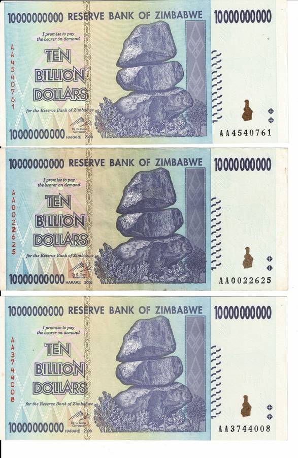 Crazy R1 Start! 6x Ten Billion Dollars Notes. Zimbabwe - Circulated