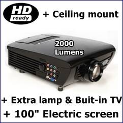 HD Ready projector + Remote controlled screen + Built in TV + Extra lamp + Ceiling bracket