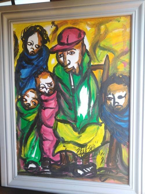 JOHN SELESHO-THE STORY TELLER OIL ON BOARD 2008 measuring 56x72cm-framed