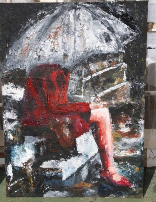 Lady with the red shoes Oil on Board
