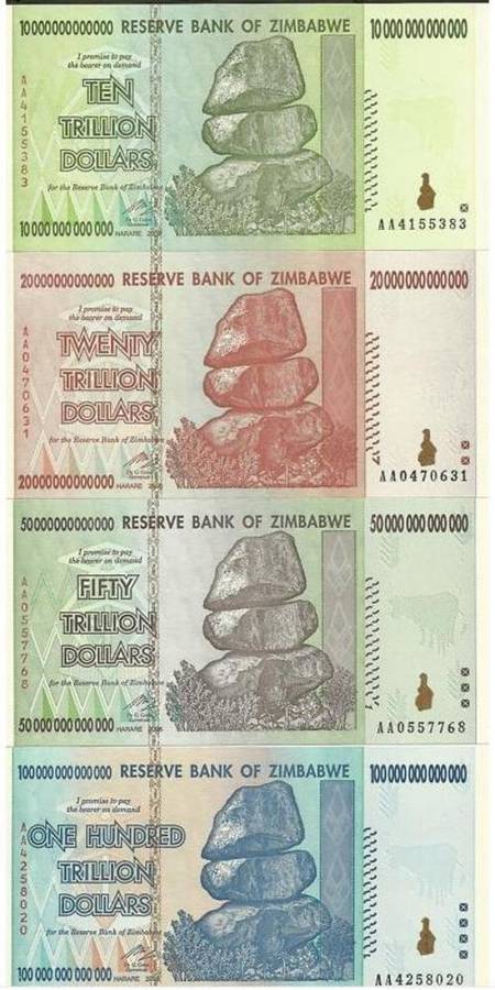 Zimbabwe 10, 20, 50 & 100 Trillion Dollar Sets AA Prefix UNC