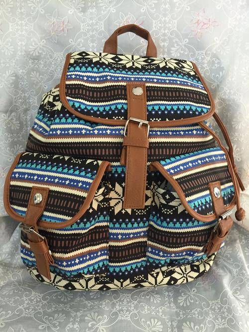 vintage south africa colourfull cotton school bag back pack (snowflake & blue)