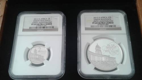2013 UNION BUILDINGS 100th ANNIVERSARY PROOF R2 AND PROOF SILVER CROWN IN DISPLAY BOX...NGC PF69!