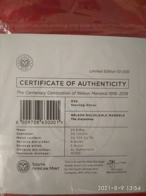 2018 MANDELA CENTENARY R50 STERLING SILVER PROOF COIN