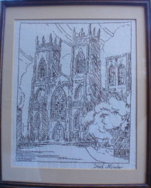 VINTAGE: CLASSIC HAND EMBROIDERED ON LINEN `YORK MINSTER` - BEAUTIFULLY FRAMED