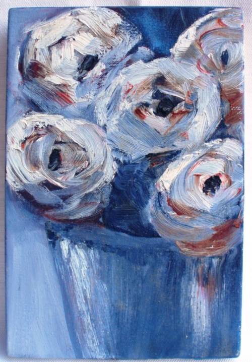 GORGEOUS LITTLE ORIGINAL OIL PAINTING, ABSTRACT ROSES - ON CANVAS STRETCHER FRAME - READY TO HANG