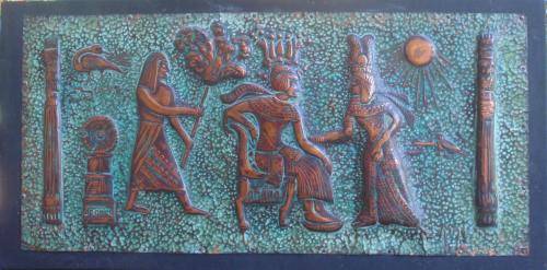 VINTAGE: EGYTIAN COPPER PANEL - WITH FABULOUS VERDIGRIS  PATINA - HAND HAMMERED - SIGNED BY ARTIST