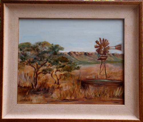 ORIGINAL OIL PAINTING - SOUTH AFRICAN LANDSCAPE WITH WINDMILL & RESEVOIR - SIGNED by ARTIST - FRAMED