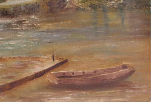 VINTAGE - LOVELY ORIGINAL OIL PAINTING OF LANDSCAPE WITH JETTY & BOAT