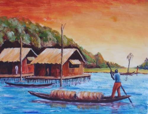 AFRICAN ARTIST -  3 ORIGINAL PAINTINGS  by EBIPATEI ALBERT  CIRCA 1998 - RURAL LIFE. FABULOUS SET!
