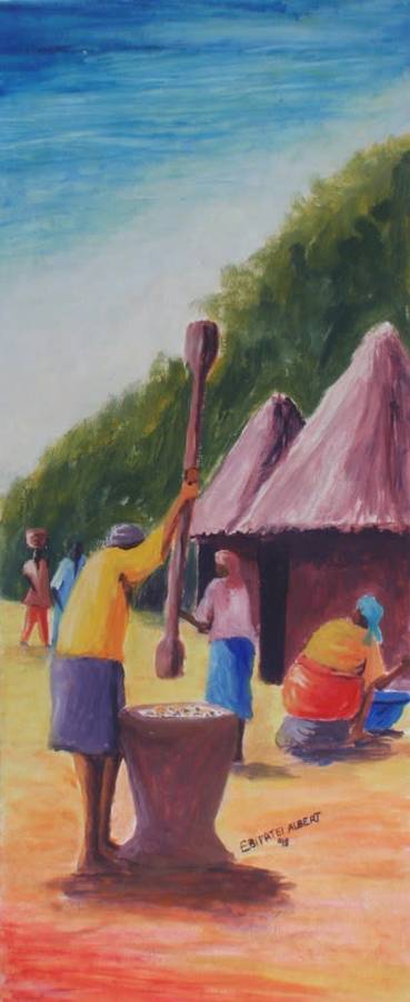AFRICAN ARTIST -  3 ORIGINAL PAINTINGS  by EBIPATEI ALBERT  CIRCA 1998 - RURAL LIFE. FABULOUS SET!
