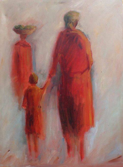 STUNNING ETHNIC `AMBER FIGURES`  ORIGINAL OIL PAINTING - BEAUTIFUL SHADES OF AMBER - LOVELY PIECE