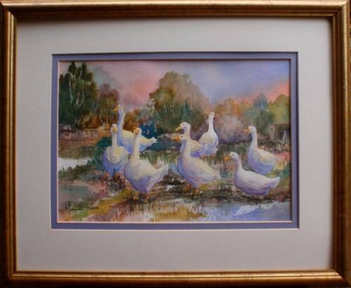 FABULOUS ORIGINAL MARGARET GIBBS WATERCOLOUR `GEESE` EXCELLENTLY EXECUTED, WELL FRAMED - BARGAIN!