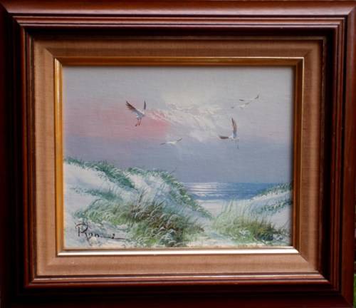 BEAUTIFUL SEASCAPE `SEABIRDS NESTING ON DUNES ` WELL FRAMED - READY TO HANG!