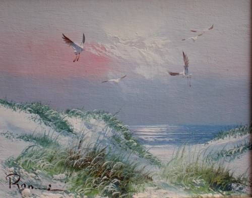 BEAUTIFUL SEASCAPE `SEABIRDS NESTING ON DUNES ` WELL FRAMED - READY TO HANG!