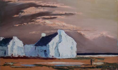 VINTAGE:CAPE BEACH HOMES, ORIGINAL OIL by LARA SMITH (CIRCA 1981) PALETTE KNIFE MONOCHROMATIC ART!