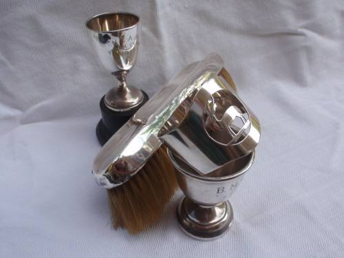 Silver hall marked - job lot for sale. Antique brush, trophy, egg cup and napkin ring.