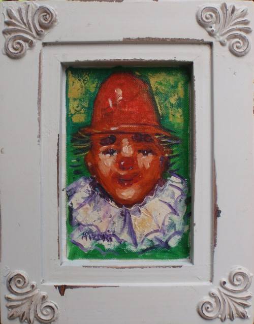 Original clown oil Antonio Atzori 1939 Pillaro Italy. Listed with works sold on auction.