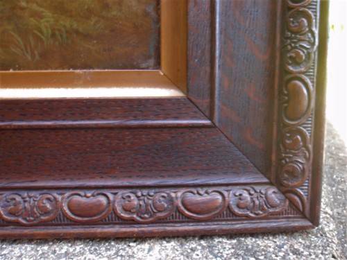 Antique oil painting by Charlotte Faber in beautiful ornate oak frame - pastoral landscape with cows