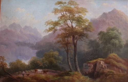 Antique oil painting by Charlotte Faber in beautiful ornate oak frame - pastoral landscape with cows