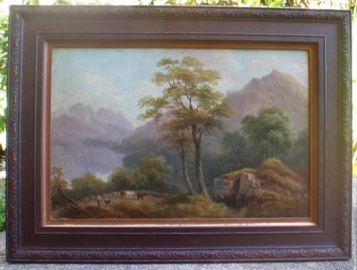 Antique oil painting by Charlotte Faber in beautiful ornate oak frame - pastoral landscape with cows