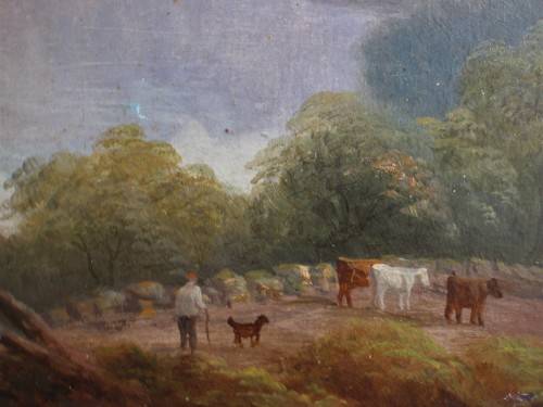 Antique oil painting by Charlotte Faber in beautiful ornate oak frame - pastoral landscape with cows