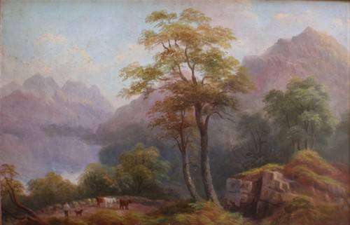 Antique oil painting by Charlotte Faber in beautiful ornate oak frame - pastoral landscape with cows