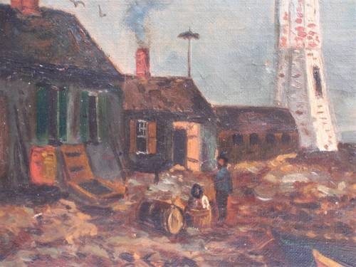 Antique seascape - gorgeous old oil painting of fishermans home and lighthouse - charming piece.