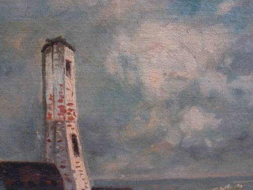 Antique seascape - gorgeous old oil painting of fishermans home and lighthouse - charming piece.