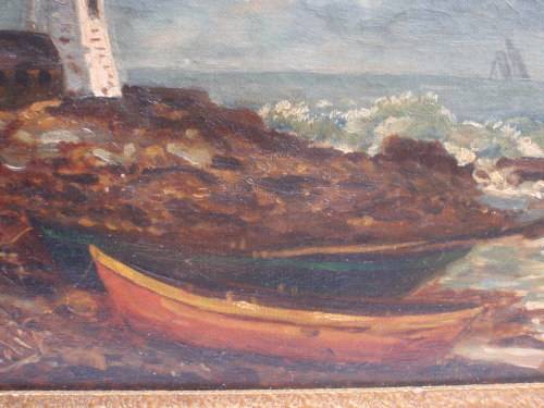 Antique seascape - gorgeous old oil painting of fishermans home and lighthouse - charming piece.
