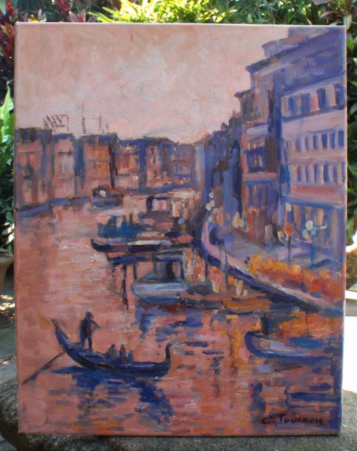 Vintage original Claude Tournois oil `Venice at Sunset` 1926-2011. French/S.African impressionist.