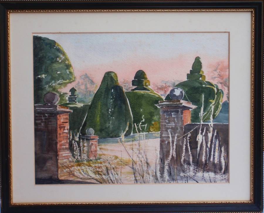 Charming original Judy Shepley -Dew on Spider Webs-  Dawn at Sharsted Yews. English country home.