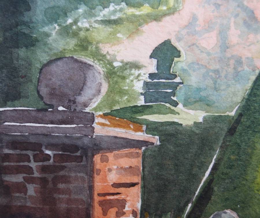 Charming original Judy Shepley -Dew on Spider Webs-  Dawn at Sharsted Yews. English country home.