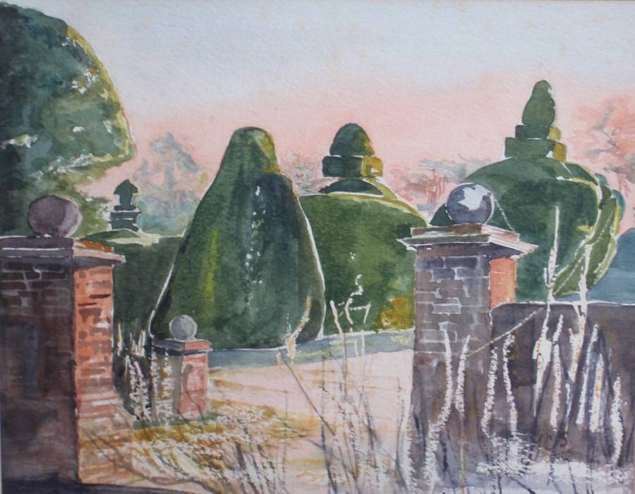 Charming original Judy Shepley -Dew on Spider Webs-  Dawn at Sharsted Yews. English country home.