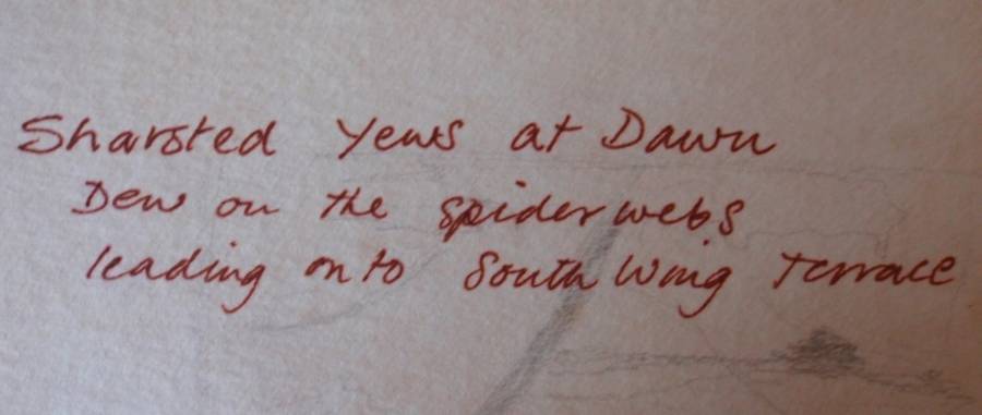 Charming original Judy Shepley -Dew on Spider Webs-  Dawn at Sharsted Yews. English country home.